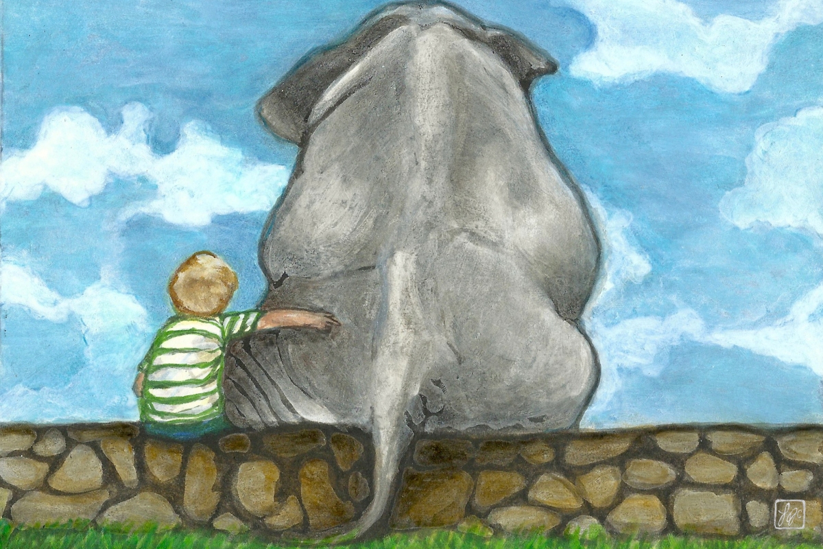 illustration of a boy sitting on a stone wall with his arm around an elephant